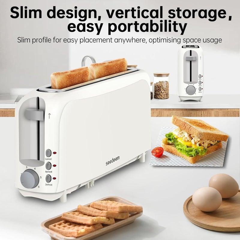 SEEDEEM 2 Slice Slim Toaster, Single 10" Long Slot Toaster Fits Bagels & Artisan Bread, 6 Shade Settings, Cancel/Reheat/Defrost, Removable Crumb Tray, Auto Shut-Off, White - Image 2